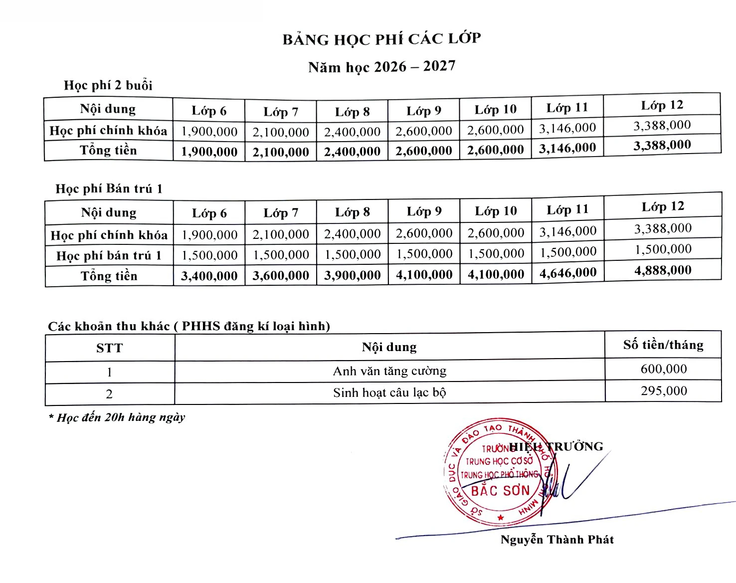 Công khai học phí năm học 2026–2027