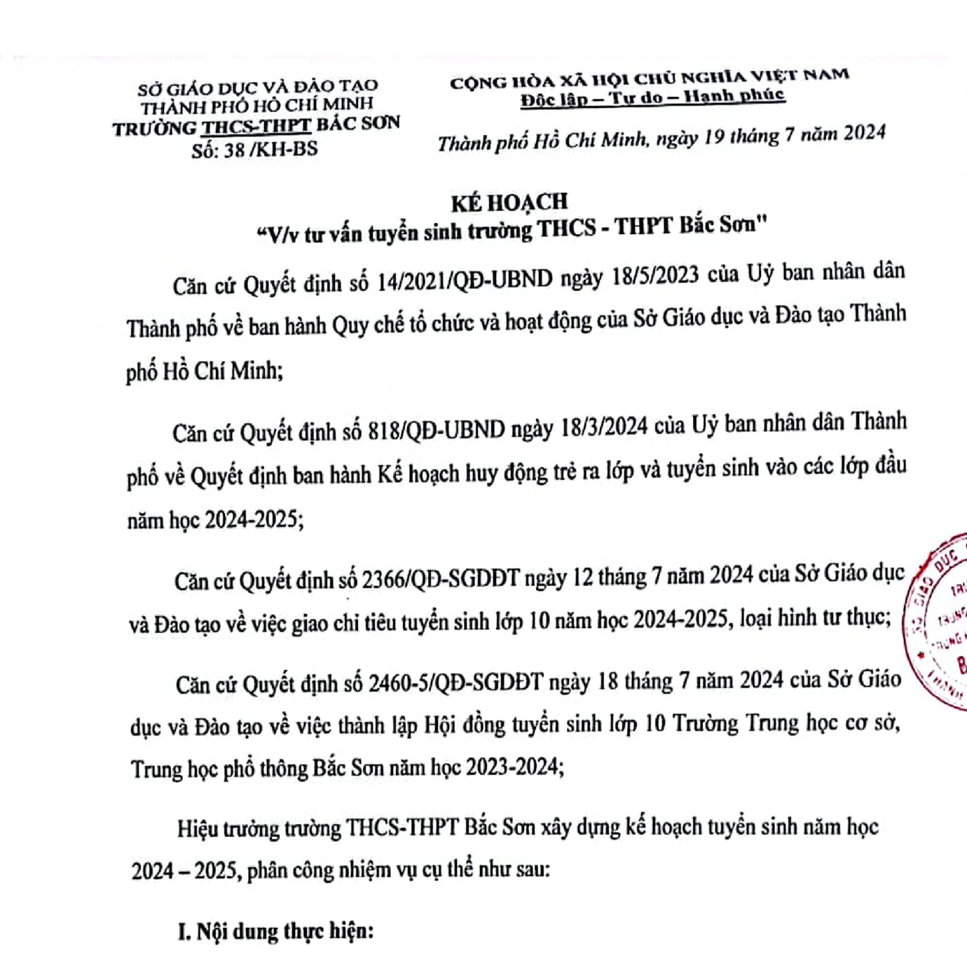 Kế hoạch tuyển sinh năm 2024-2025