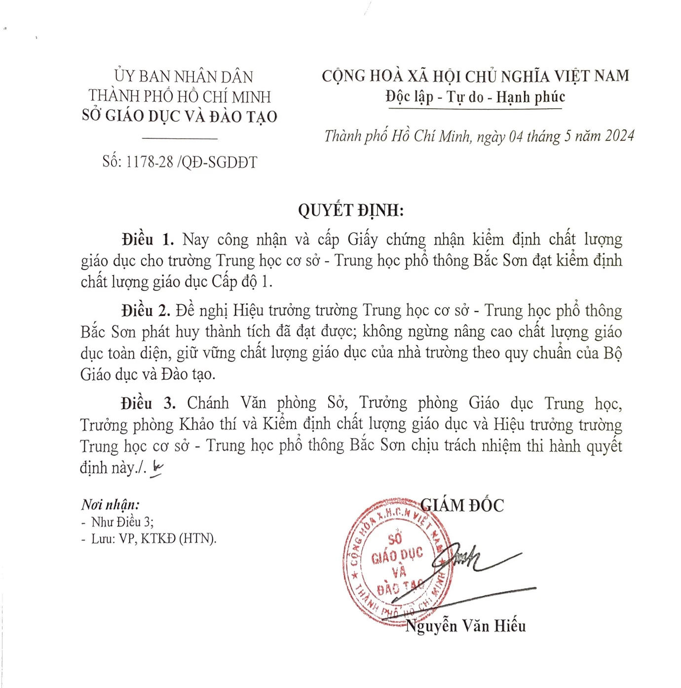 Quyết định về công nhận trường Trung học cơ sở - Trung học phổ thông Bắc Sơn đạt kiểm định chất lượng giáo dục cấp độ 1