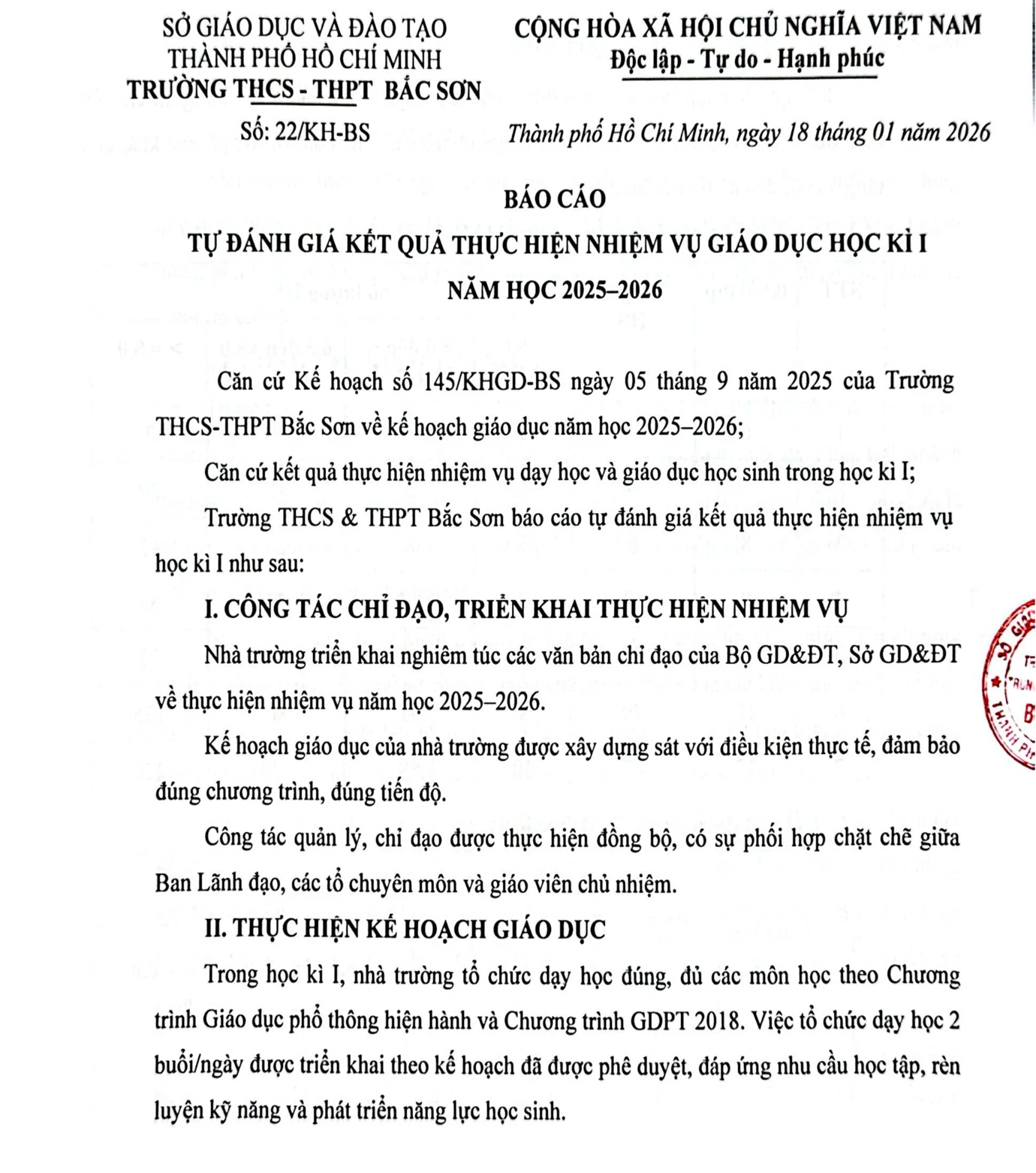 Báo cáo tự đánh giá chất lượng giáo dục học kì I năm học 2025-2026