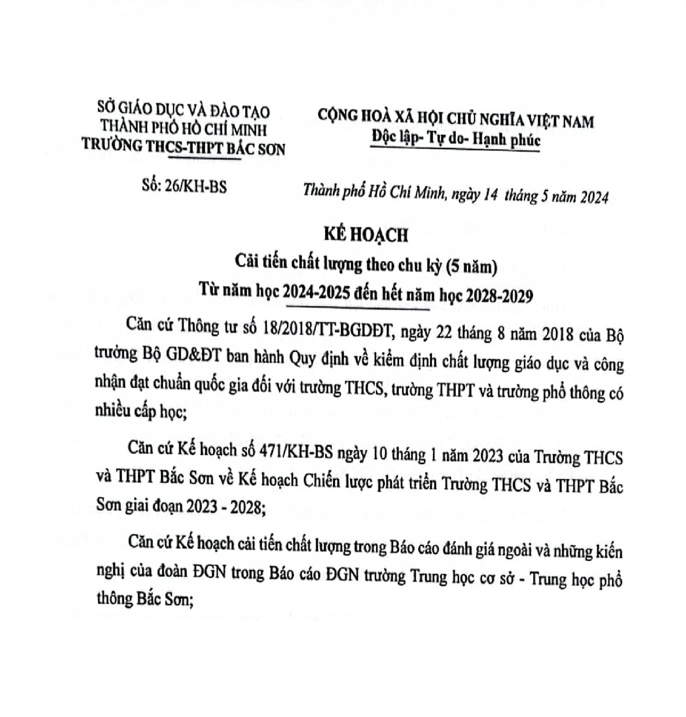 Kế hoạch cải tiến chất lượng theo chù kỳ 5 năm từ năm học 2024-2025 đến hết năm học 2028-2029