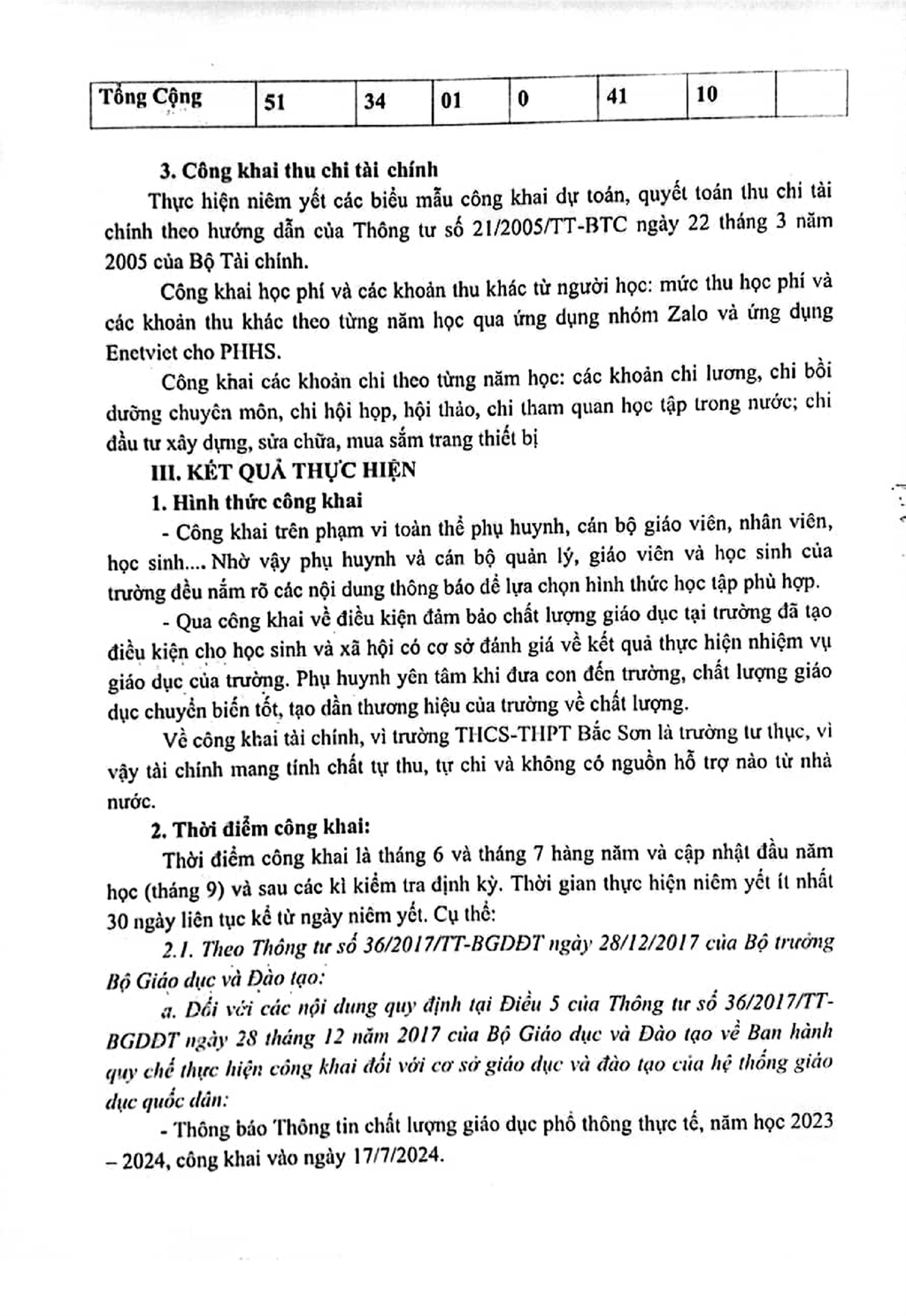 Báo cáo về kết quả thực hiện quy chế công khai và kết quả thực hiện công khai theo thông tư 36/2017/TT-BGDĐT và Thông tư số 09/2024/TT-BGDĐT ngày 03/6/2024 của