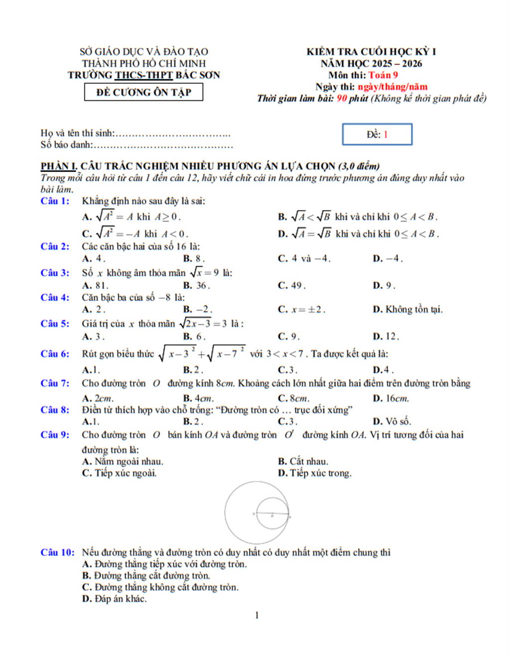 Đề cương Toán  lớp 9, học kì 1, năm học 2025-2026