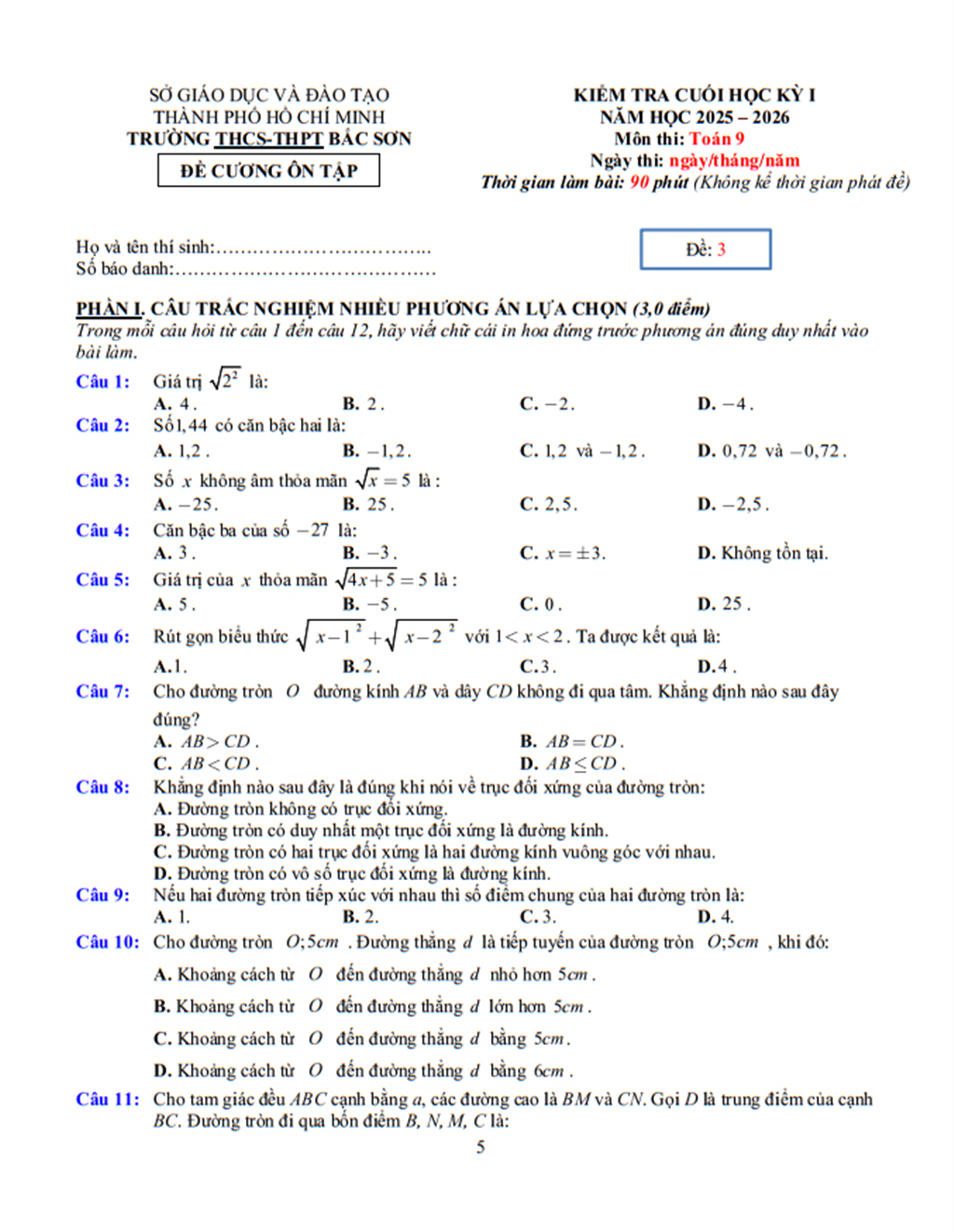 Đề cương Toán  lớp 9, học kì 1, năm học 2025-2026