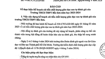 Báo cáo về thực hiện kế hoạch cải tiến chất lượng giáo dục sau tự đánh giá của Trường THCS-THPT Bắc Sơn năm học 2023-2024