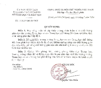 Quyết định về công nhận trường Trung học cơ sở - Trung học phổ thông Bắc Sơn đạt kiểm định chất lượng giáo dục cấp độ 1
