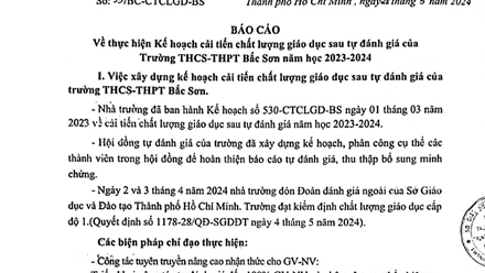 Báo cáo về thực hiện kế hoạch cải tiến chất lượng giáo dục sau tự đánh giá của Trường THCS-THPT Bắc Sơn năm học 2023-2024