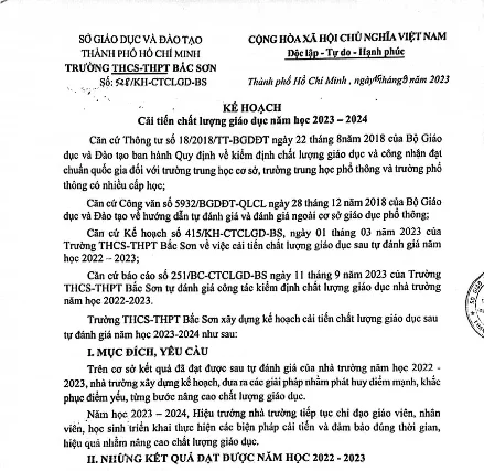 Kế hoạch cải tiến chất lượng giáo dục năm học 2023-2024