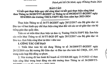 Báo cáo về kết quả thực hiện quy chế công khai và kết quả thực hiện công khai theo thông tư 36/2017/TT-BGDĐT và Thông tư số 09/2024/TT-BGDĐT ngày 03/6/2024 của