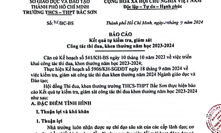 Báo cáo kết quả tự kiểm tra, giám sát công tác thi đua, khen thưởng năm học 2023-2024