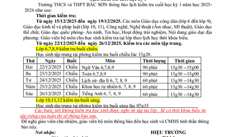 Thông báo lịch kiểm tra cuối học ký 1