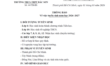 Thông báo về việc tuyển sinh năm học 2026–2027